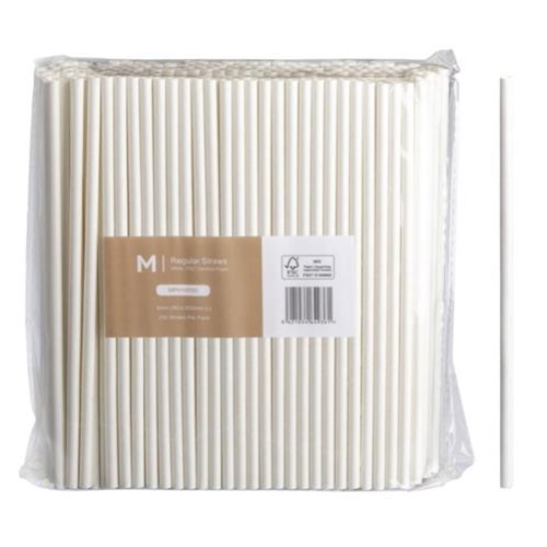 PAPER STRAW STRAIGHT 6mm x 200mm WHITE 250pk